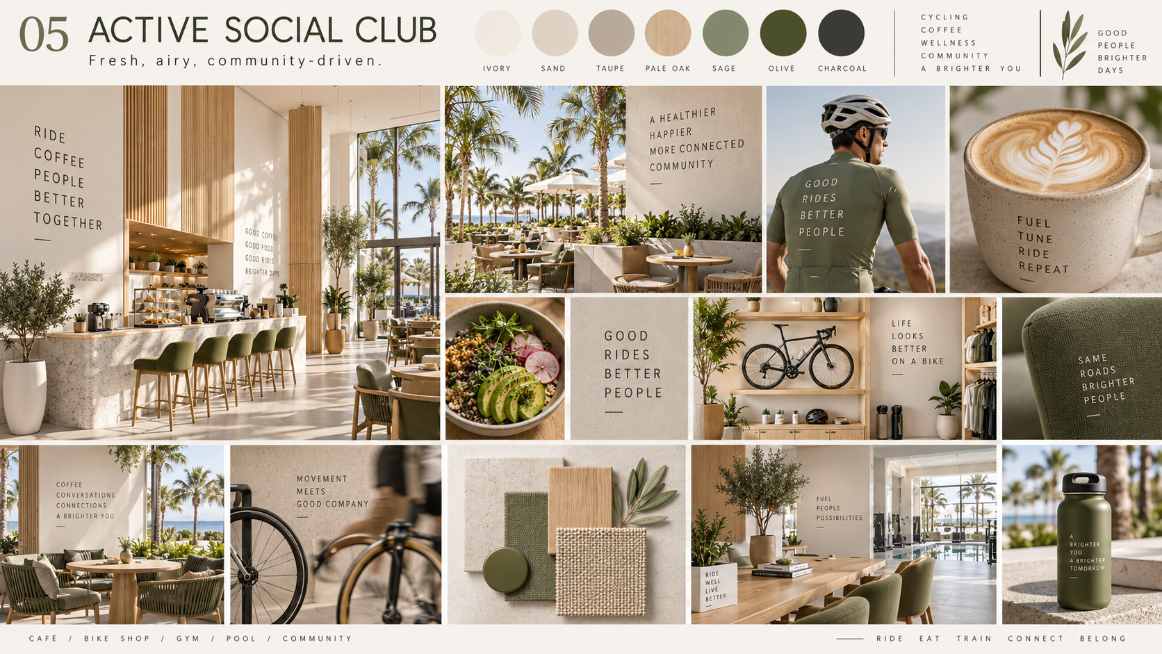 Active Social Club moodboard: olive and sage accents, pale wood, coffee, cycling and relaxed social spaces