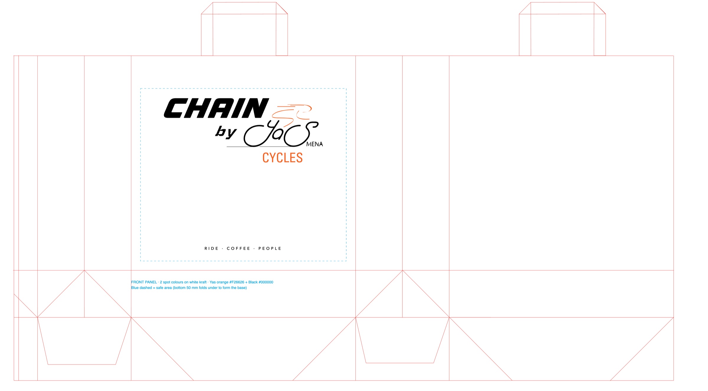 Print file of the CHAIN kraft bag on its dieline, with the CHAIN by Yas Cycles lockup and Ride · Coffee · People on the front panel