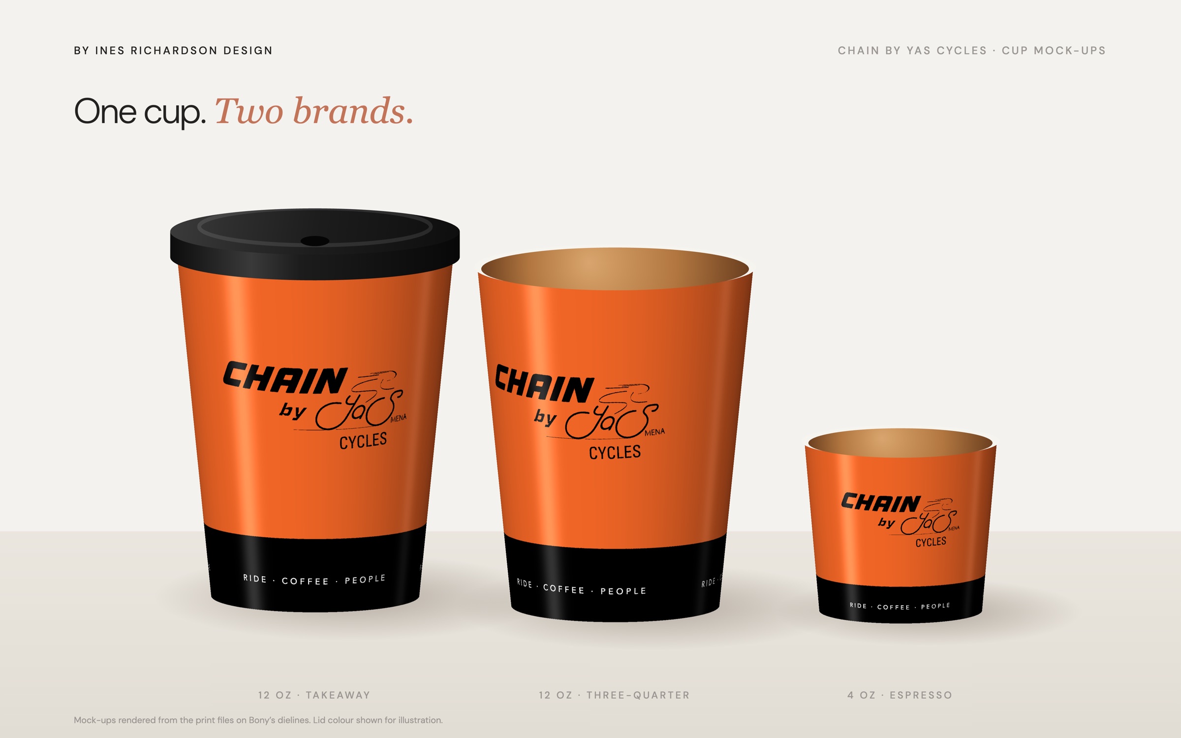 Orange CHAIN by Yas Cycles cups in three sizes — packaging ready for print