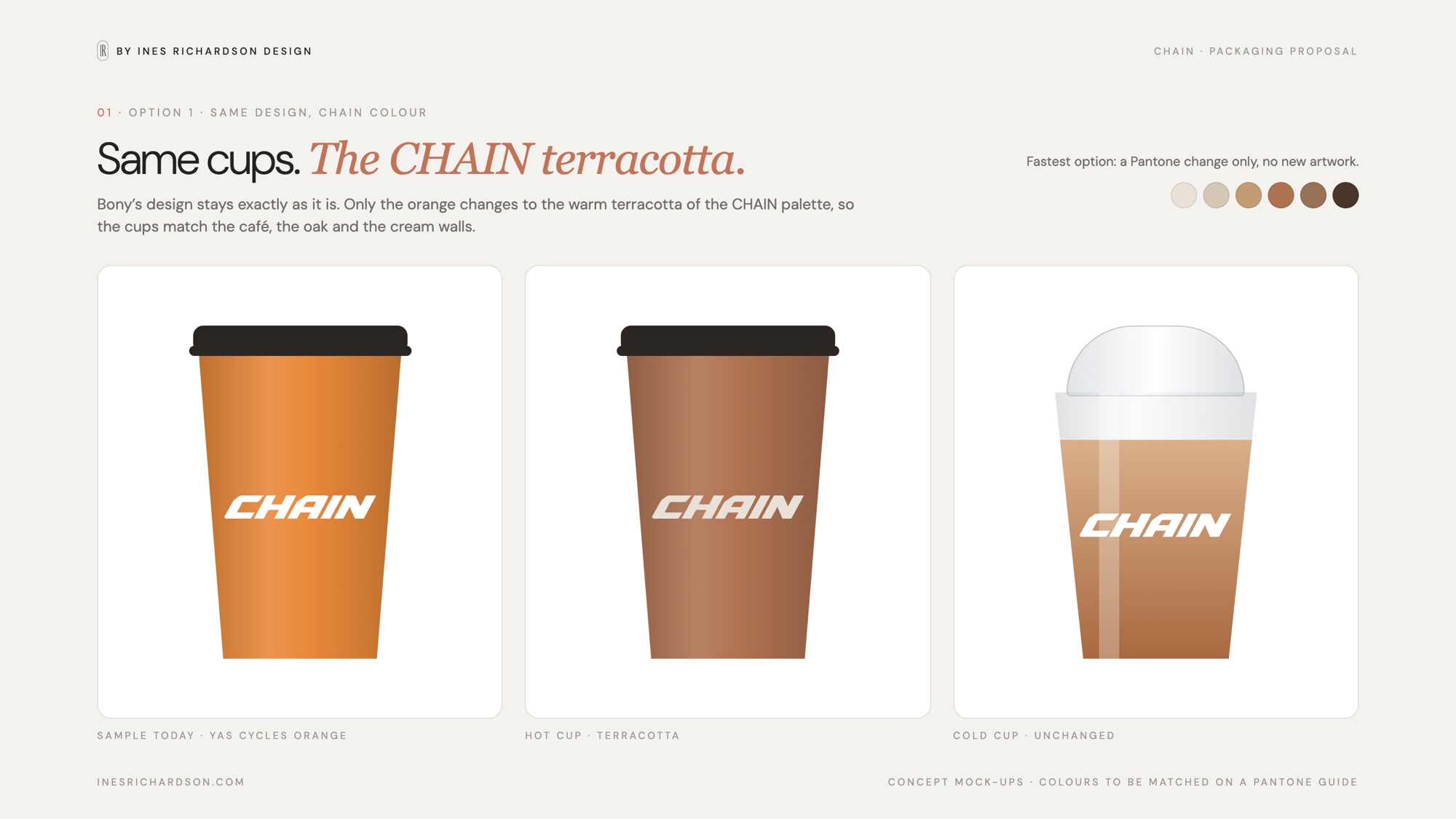 Packaging option 1: the existing orange cup next to the same cup in terracotta, and a cold cup