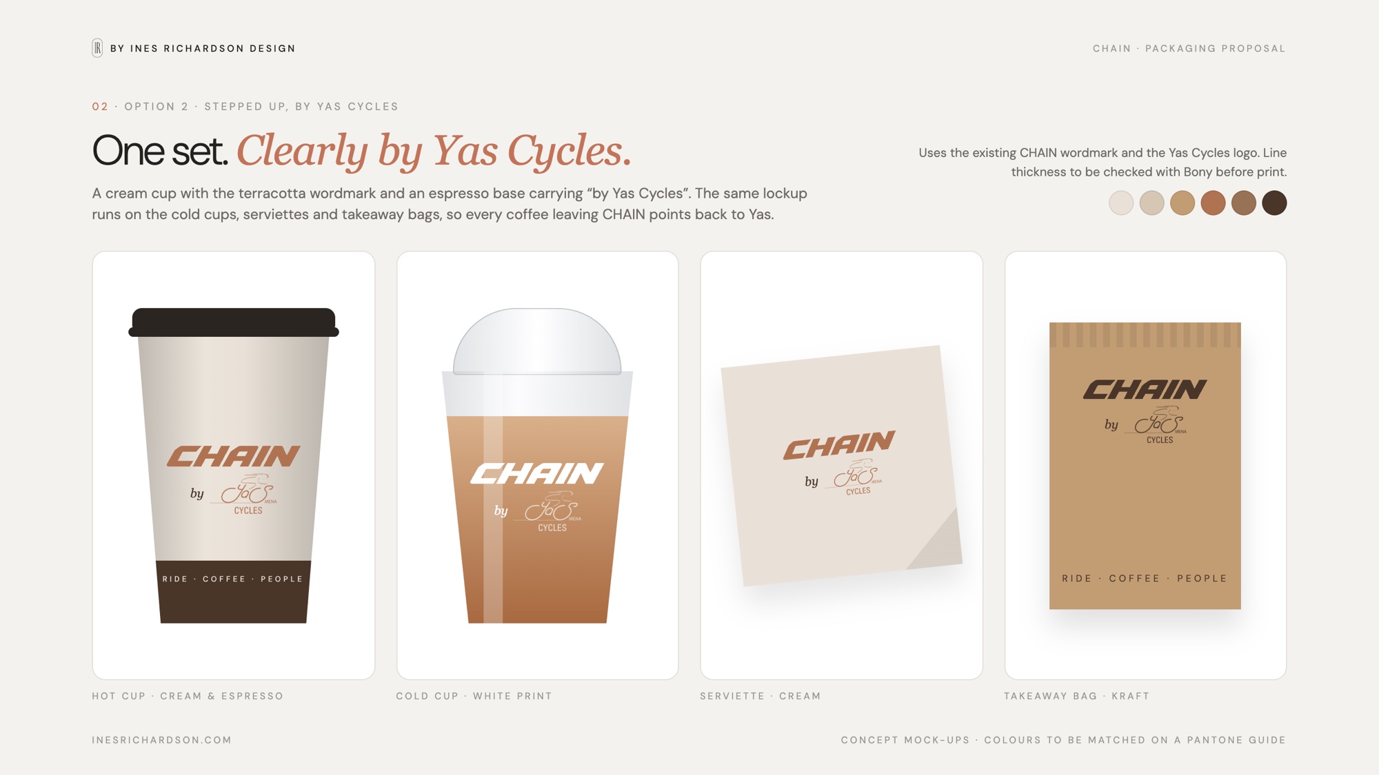 Packaging option 2: cream hot cup with espresso band, cold cup, serviette and kraft takeaway bag, all carrying the CHAIN by Yas Cycles lockup