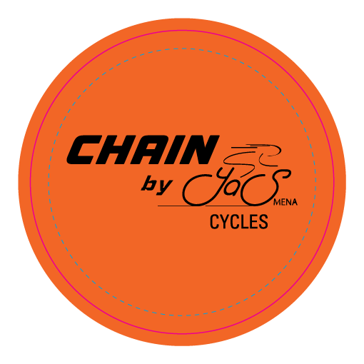 Round orange 50 mm sticker with the CHAIN by Yas Cycles lockup, shown with its cut line
