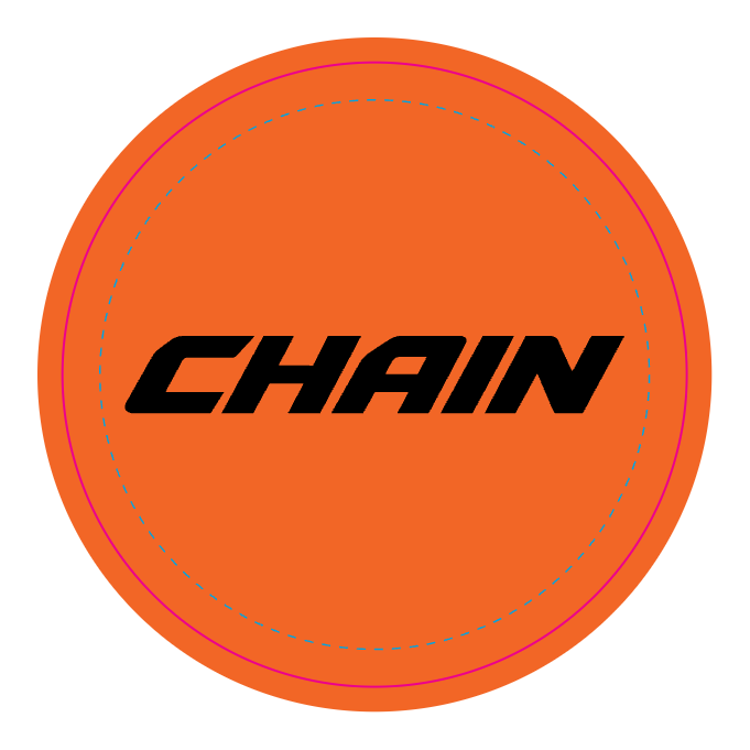 Round orange 50 mm sticker with the CHAIN wordmark, shown with its cut line